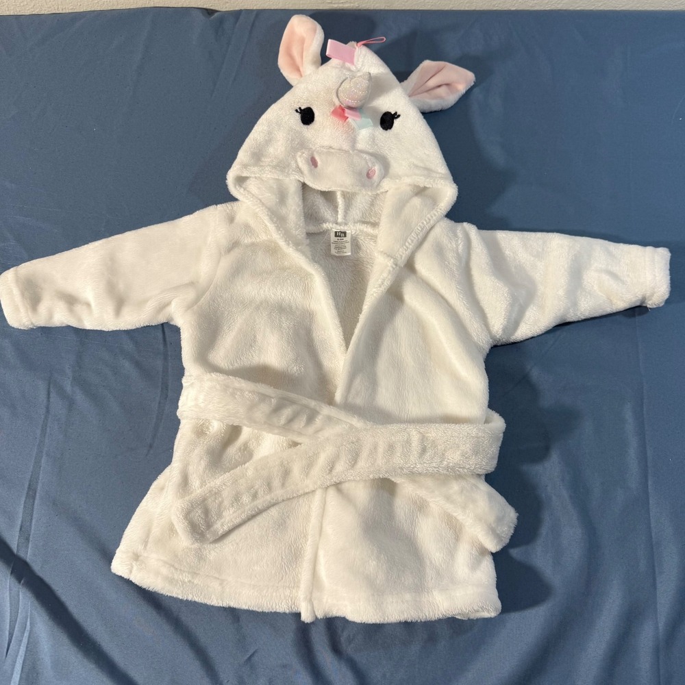 HB Baby Unicorn Hooded Bathrobe Robe 0-9 Months White Fuzzy